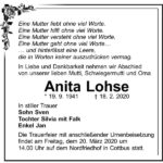 Traueranzeige Anita Lohse