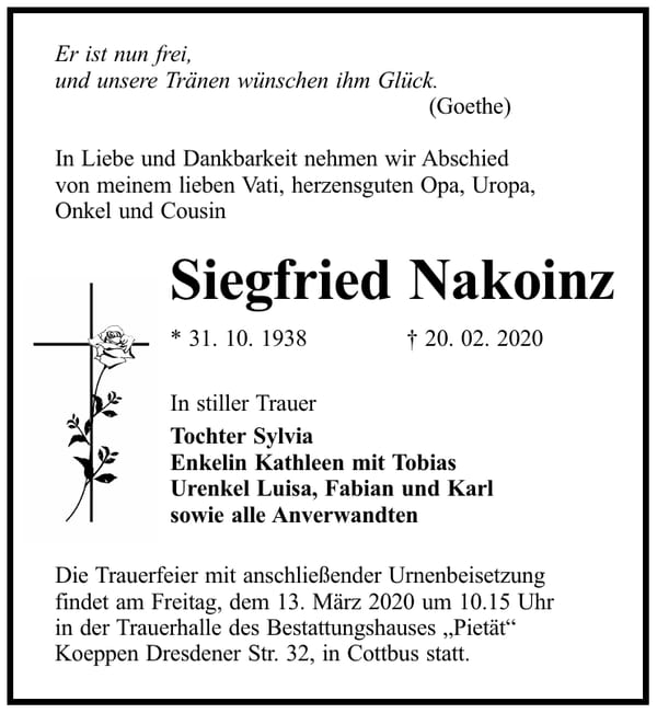 Traueranzeige Siegfried Nakoinz
