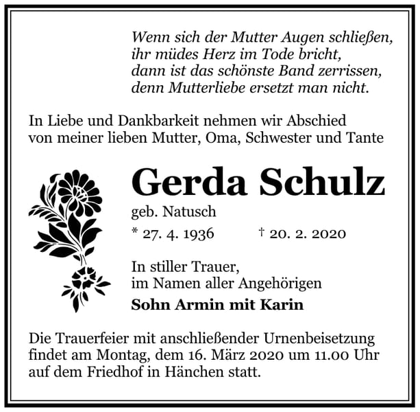 Traueranzeige Gerda Schulz, geb. Natusch