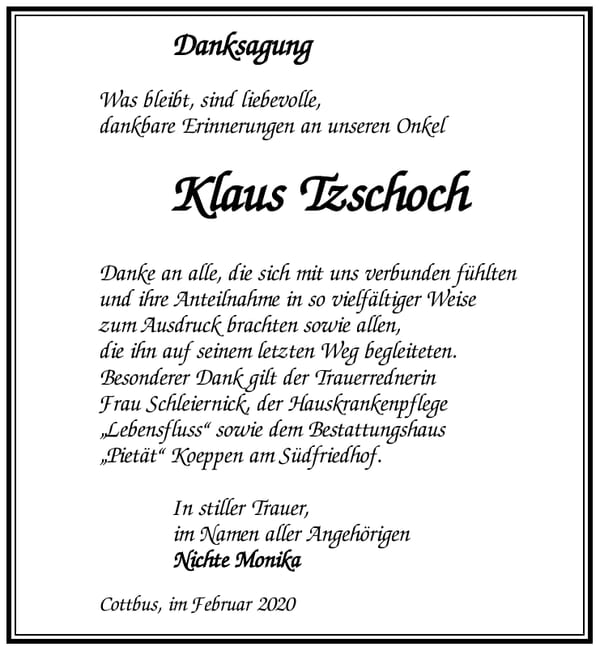 Danksagung Klaus Tzschoch