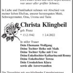 Traueranzeige Christa Klingbeil, geb. Franz