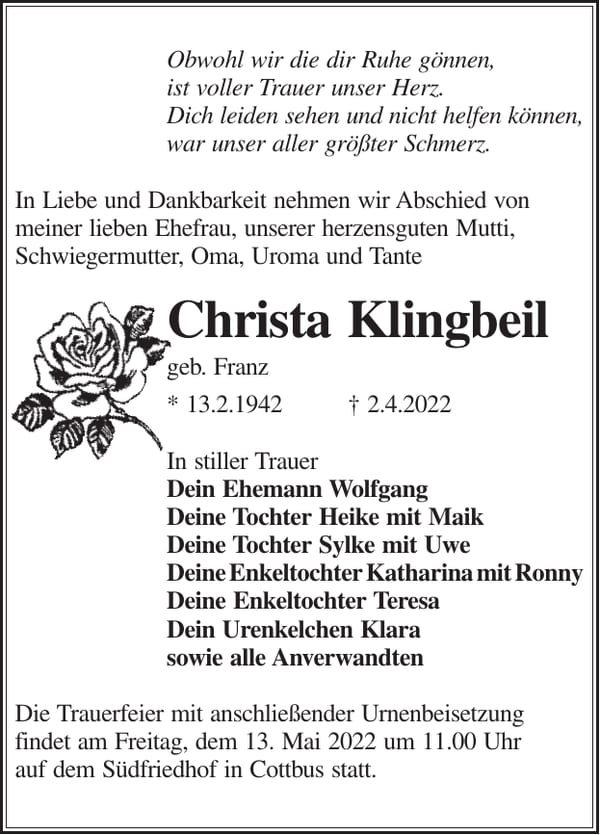 Traueranzeige Christa Klingbeil, geb. Franz