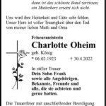 Traueranzeige Charlotte Oheim, geb. König