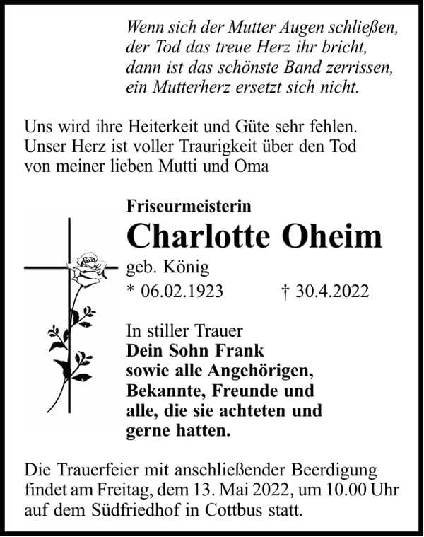 Traueranzeige Charlotte Oheim, geb. König
