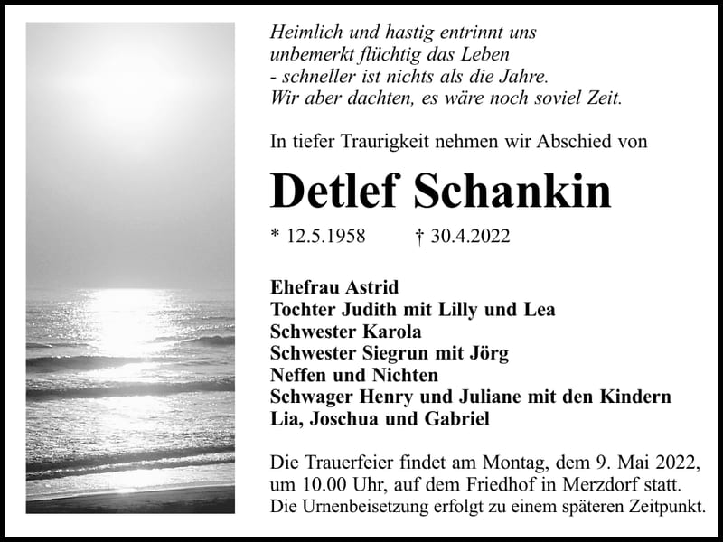 Traueranzeige Detlef Schankin