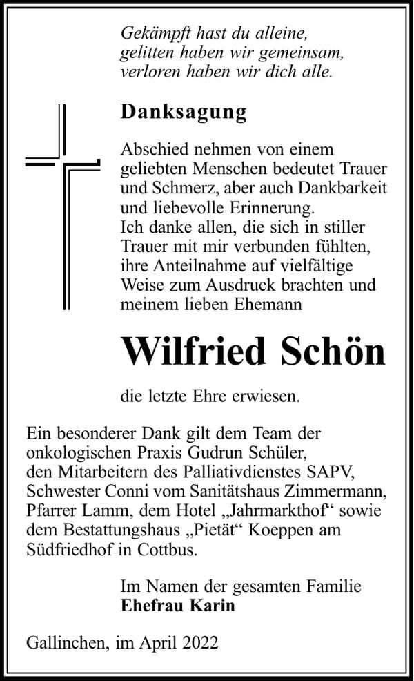 Danksagung Wilfried Schön