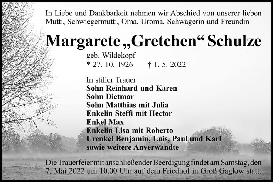 Traueranzeige Margarete „Gretchen“ Schulze, geb. Wildekopf