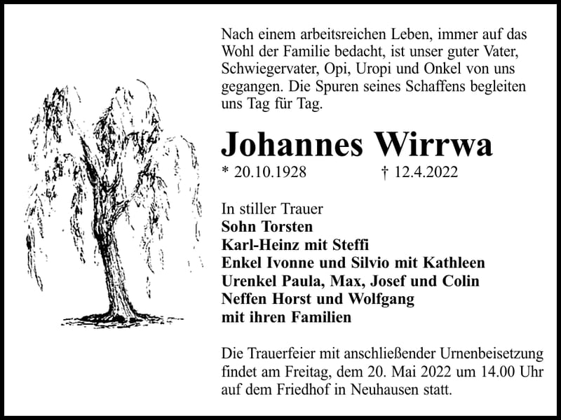 Traueranzeige Johannes Wirrwa