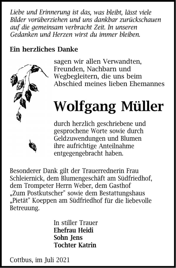 Danksagung Wolfgang Müller