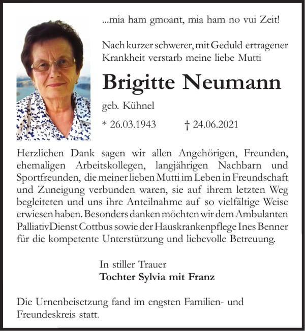 Traueranzeige Brigitte Neumann, geb. Kühnel