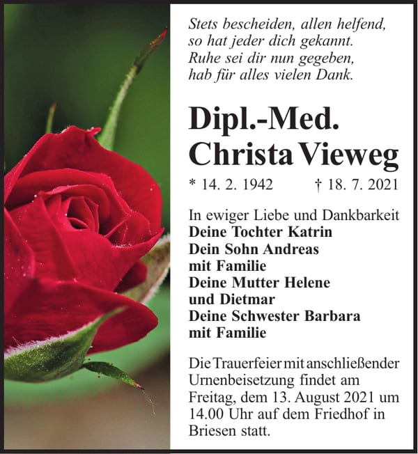 Traueranzeige Christa Vieweg