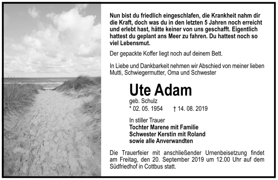 Traueranzeige Ute Adam, geb. Schulz