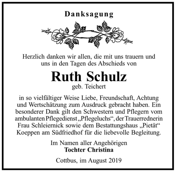 Danksagung Ruth Schulz, geb. Teichert