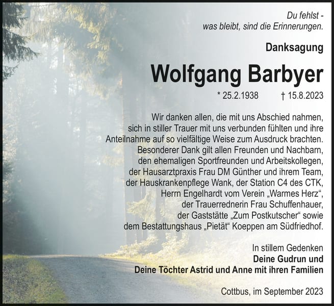 Danksagung Wolfgang Barbyer