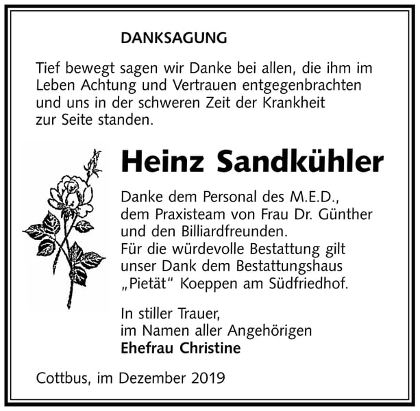 Traueranzeige Heinz Sandkühler