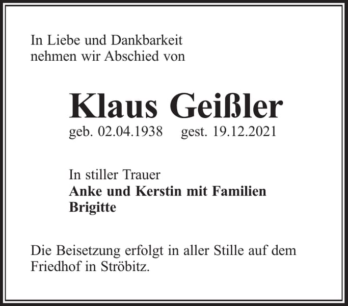 Traueranzeige Klaus Geißler