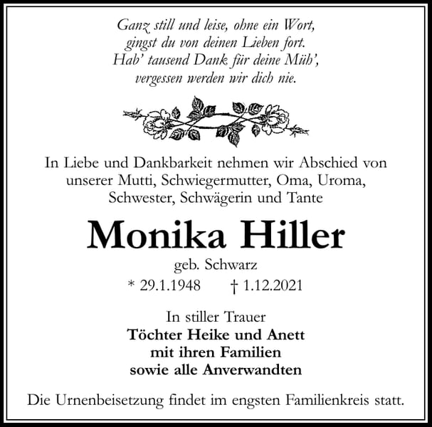 Traueranzeige Monika Hiller, geb. Schwarz