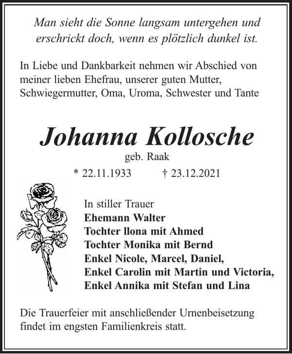 Traueranzeige Johanna Kollosche, geb. Raak