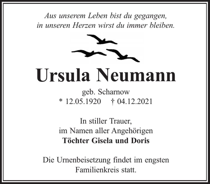 Traueranzeige Ursula Neumann, geb. Scharnow