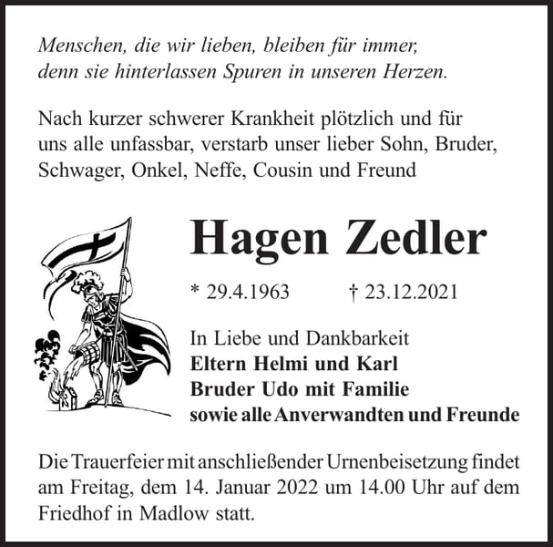 Traueranzeige Hagen Zedler