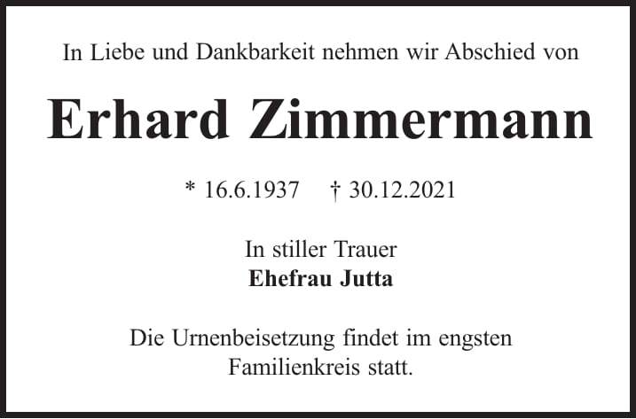 Traueranzeige Erhard Zimmermann