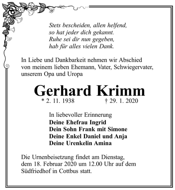 Traueranzeige Gerhard Krimm