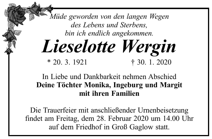 Traueranzeige Lieselotte Wergin