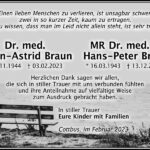 Danksagung Dr. med. Karin-Astrid Braun und MR Dr. med. Hans-Peter Braun