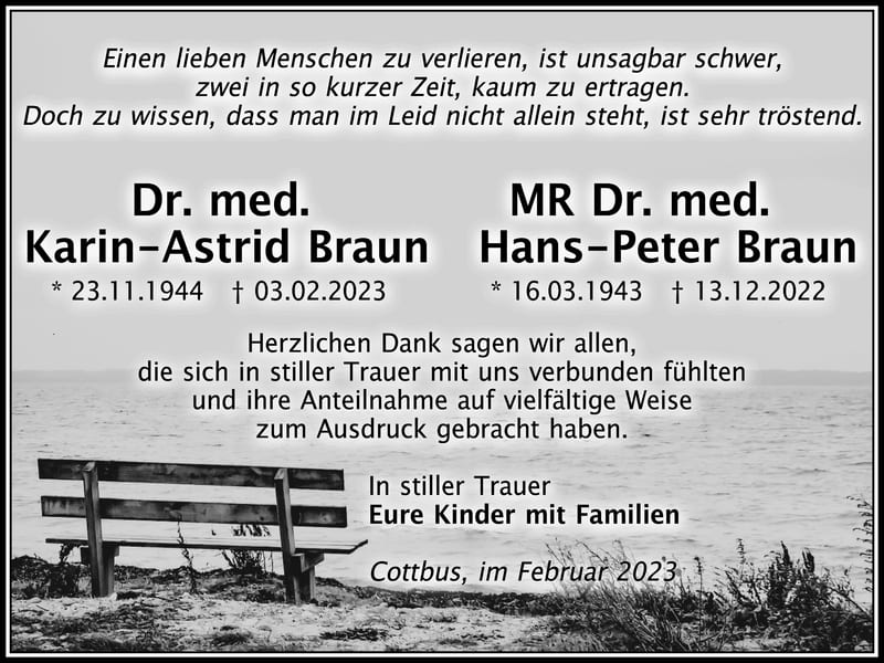 Danksagung Dr. med. Karin-Astrid Braun und MR Dr. med. Hans-Peter Braun