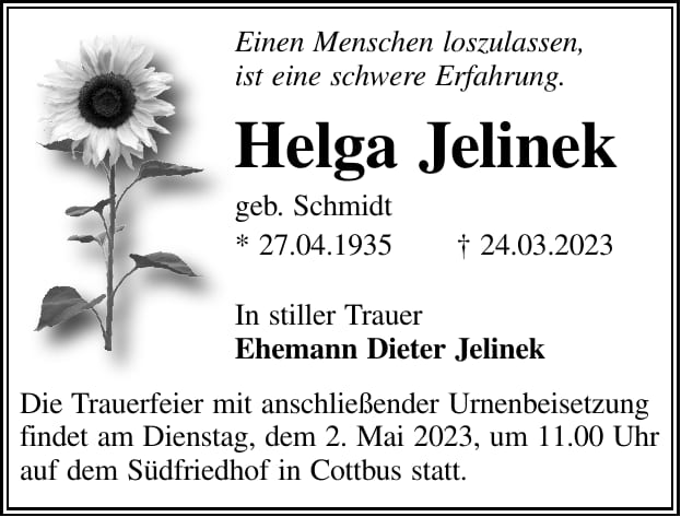 Traueranzeige Helga Jelinek, geb. Schmidt