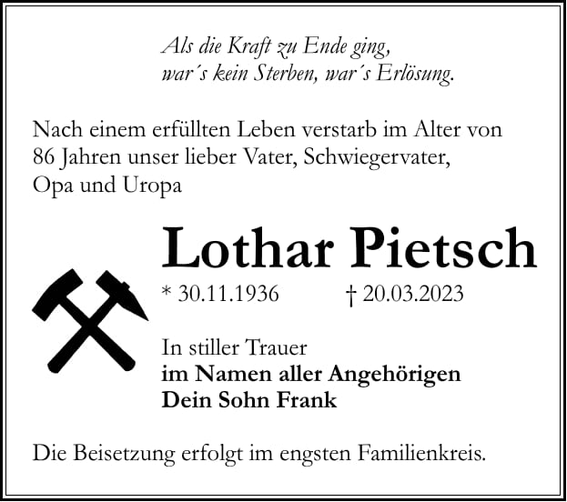 Traueranzeige Lothar Pietsch