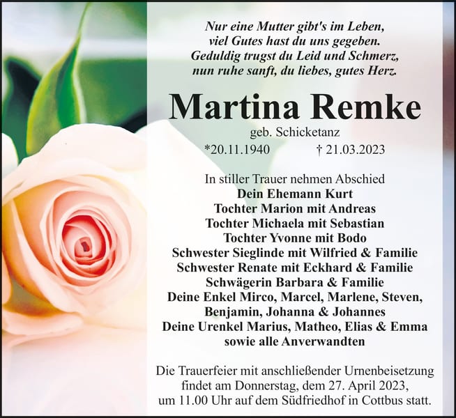 Traueranzeige Martina Remke, geb. Schicketanz