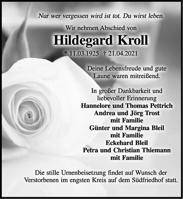 Traueranzeige Hildegard Kroll
