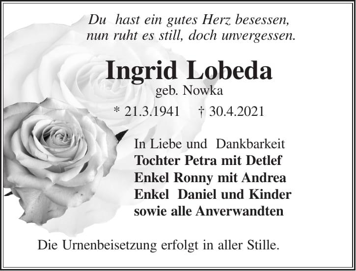 Traueranzeige Ingrid Lobeda, geb. Nowka