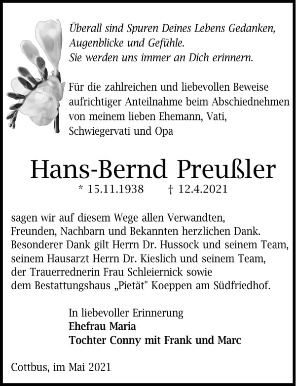 Traueranzeige Hans-Bernd Preußler