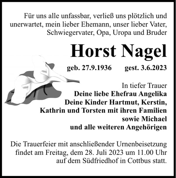 Traueranzeige Horst Nagel