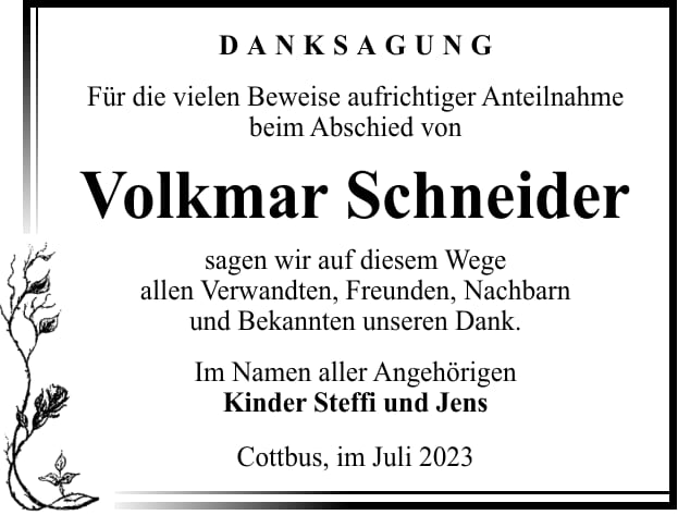 Danksagung Volkmar Schneider