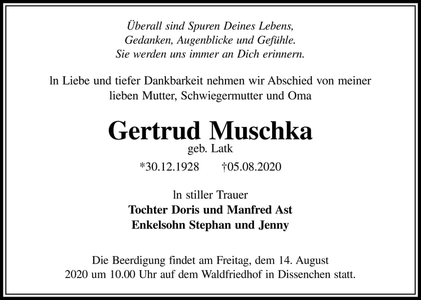 Traueranzeige Gertrud Muschka, geb. Latk