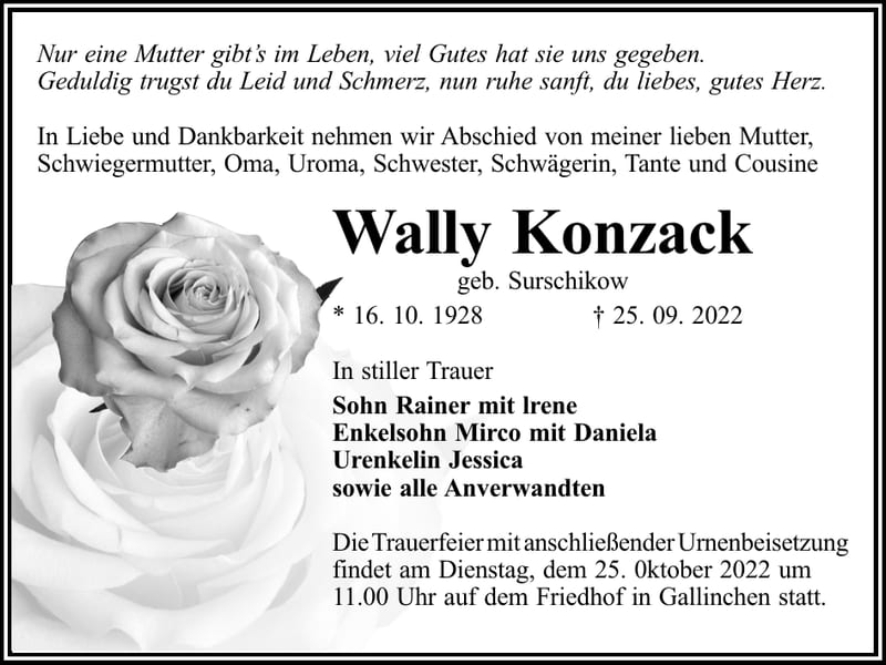 Traueranzeige Wally Konzack, geb. Surschikow