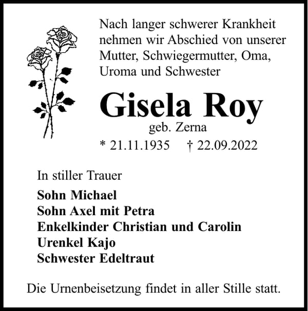 Traueranzeige Gisela Roy, geb. Zerna