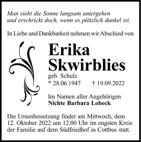 Traueranzeige Erika Skwirblies, geb. Schulz