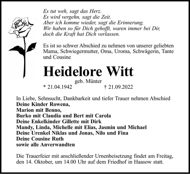 Traueranzeige Heidelore Witt, geb. Münter
