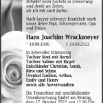 Traueranzeige Hans Joachim Wrackmeyer