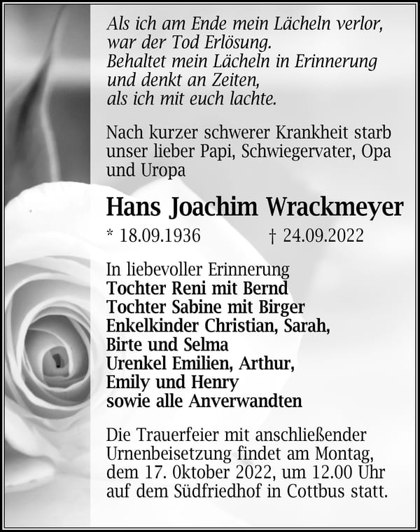 Traueranzeige Hans Joachim Wrackmeyer