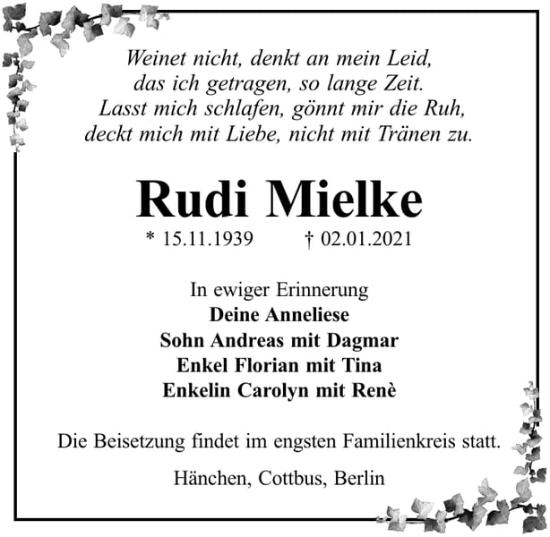 Traueranzeige Rudi Mielke