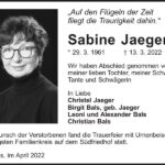 Traueranzeige Sabine Jaeger, geb. Jaeger