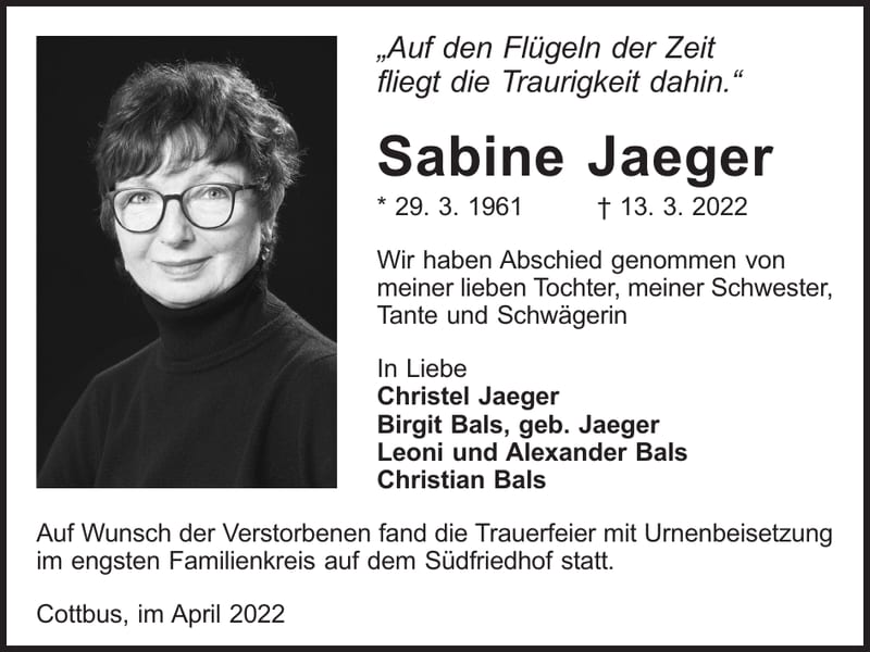 Traueranzeige Sabine Jaeger, geb. Jaeger