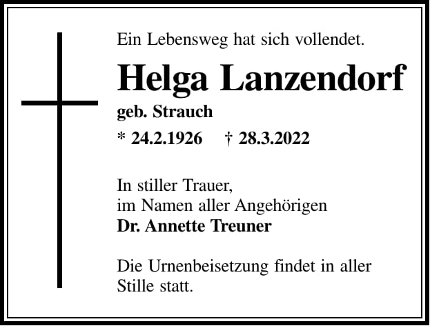 Traueranzeige Helga Lanzendorf, geb. Strauch