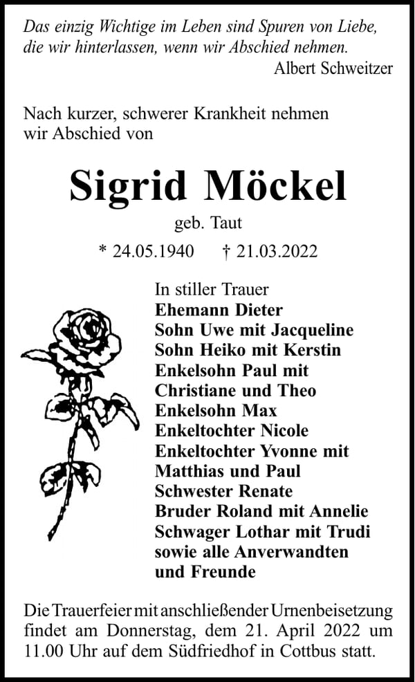 Traueranzeige Sigrid Möckel, geb. Taut