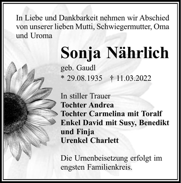 Traueranzeige Sonja Nährlich, geb. Gaudl